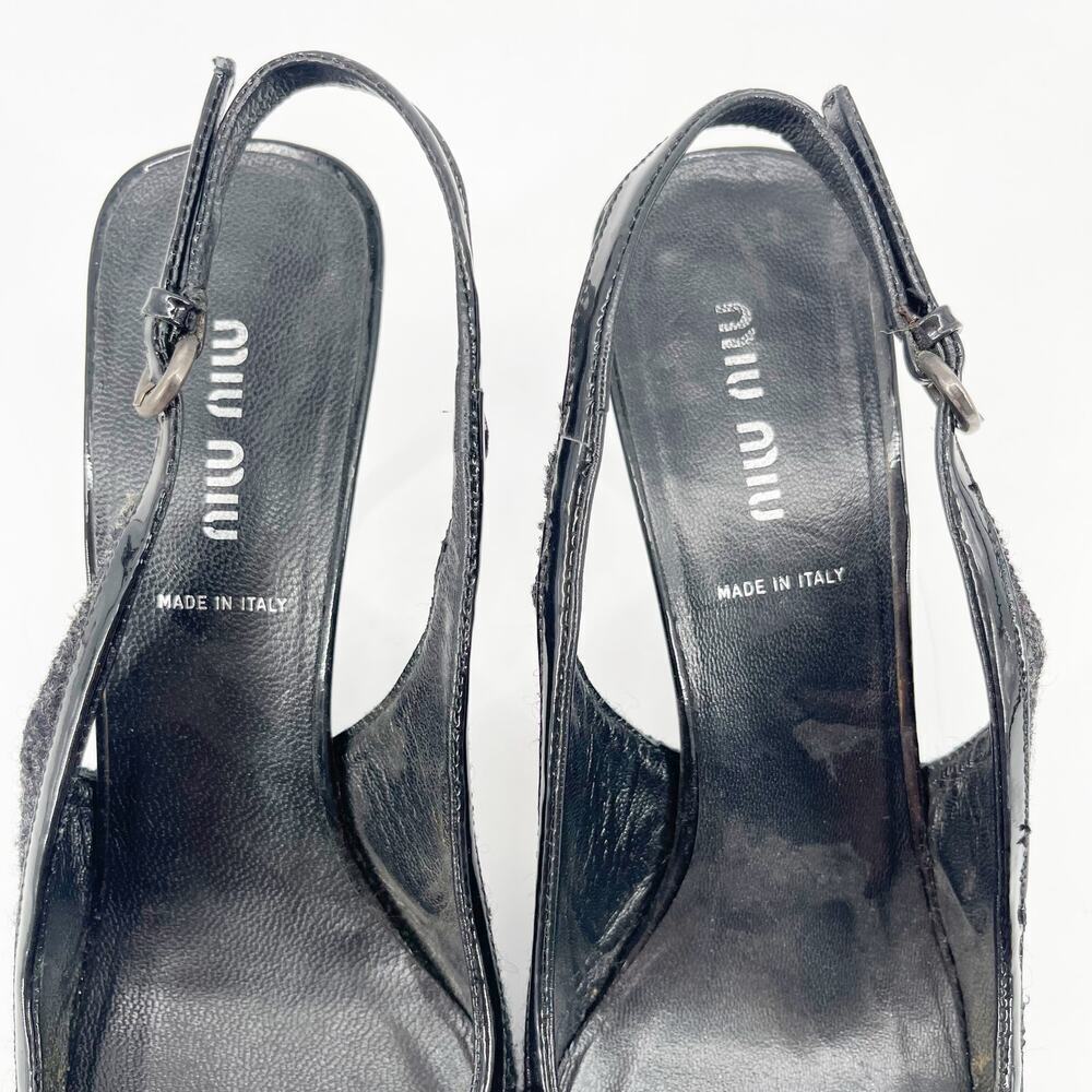 Miu Miu Vintage Wool Patent Cap Toe Floral Appliqué Slingback Heels IT 38 - Picture 7 of 13